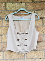 Load image into Gallery viewer, Retro 90s beige minimalist neutral linen tie-up corset top
