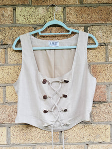 Retro 90s beige minimalist neutral linen tie-up corset top