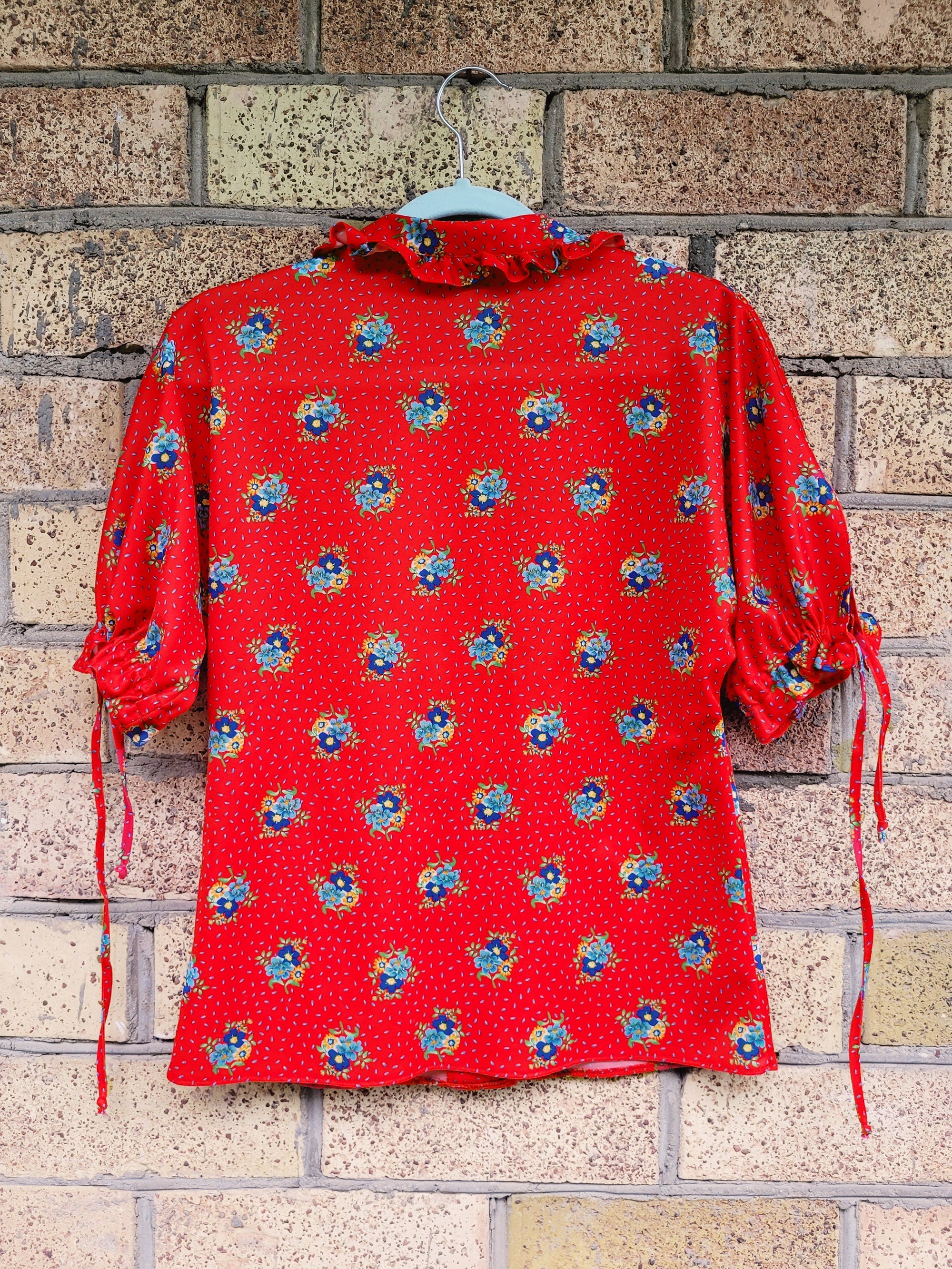 80s vintage floral print red puff sleeve ruffle blouse top