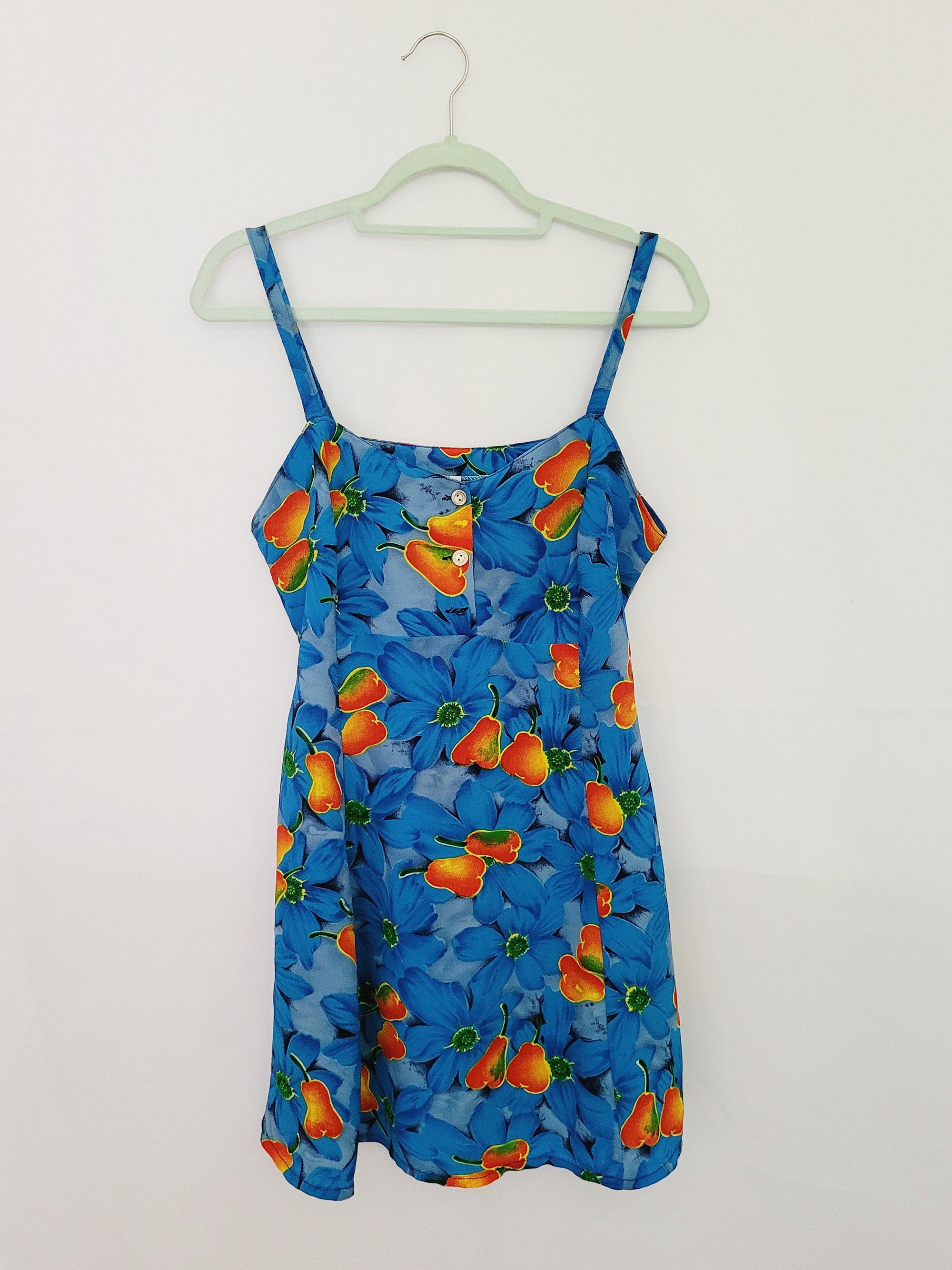 90s colorful blue pear floral minimalist mini slip dress