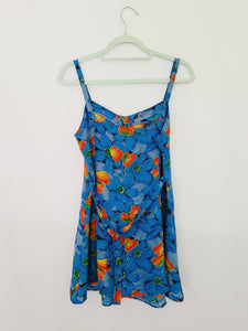 90s colorful blue pear floral minimalist mini slip dress