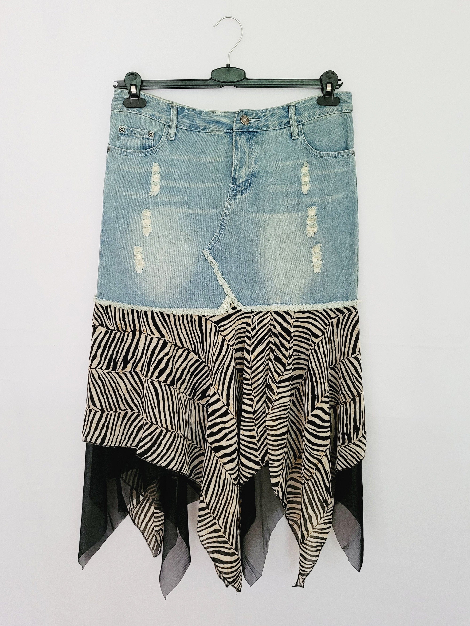 90s combo fabric animal print blue denim festive skirt