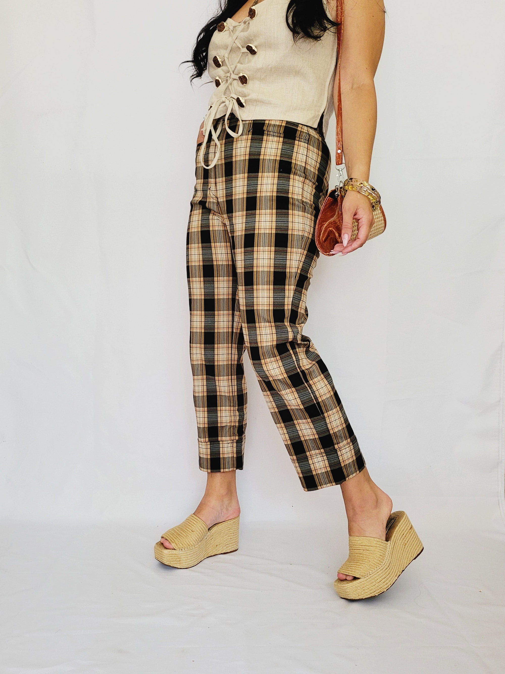 Y2K retro brown checked straight high waist ankle pants