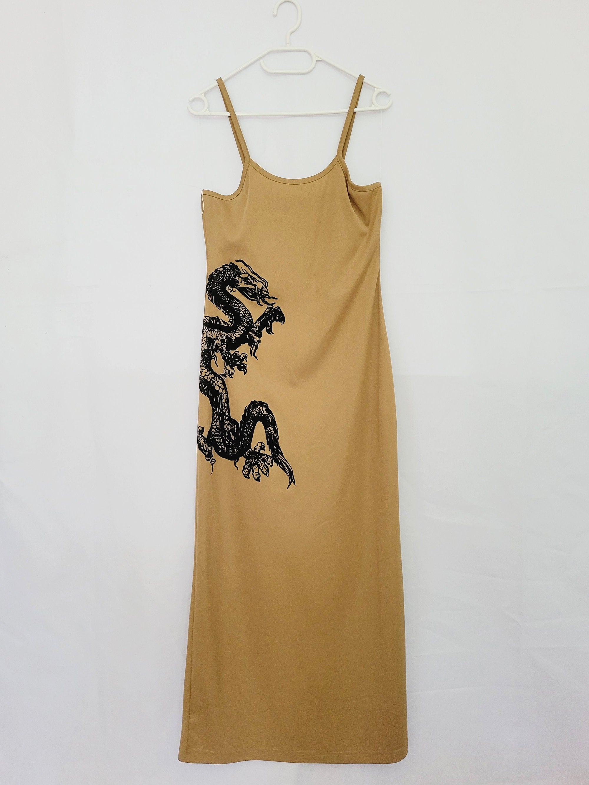 Y2K 00s gold brown dragon print minimalist maxi slip dress