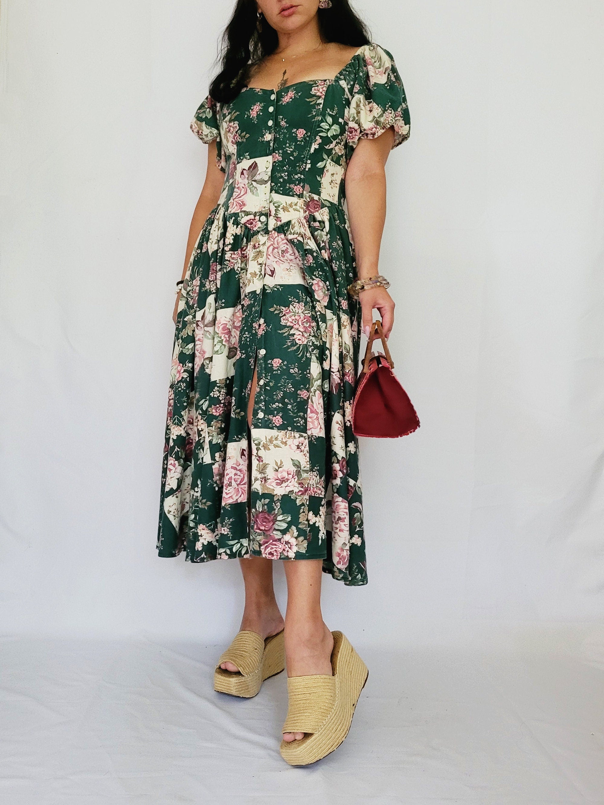 90s green floral puff sleeve Milkmaid Country maxi dress – Mellina Vintage