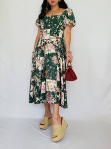 90s green floral puff sleeve Milkmaid Country maxi dress
