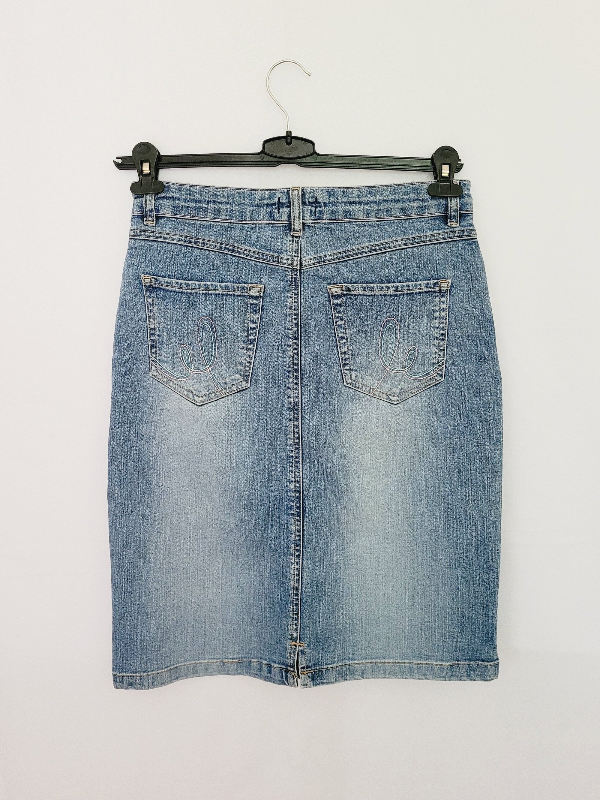 Retro 90s blue denim jeans Western midi pencil skirt