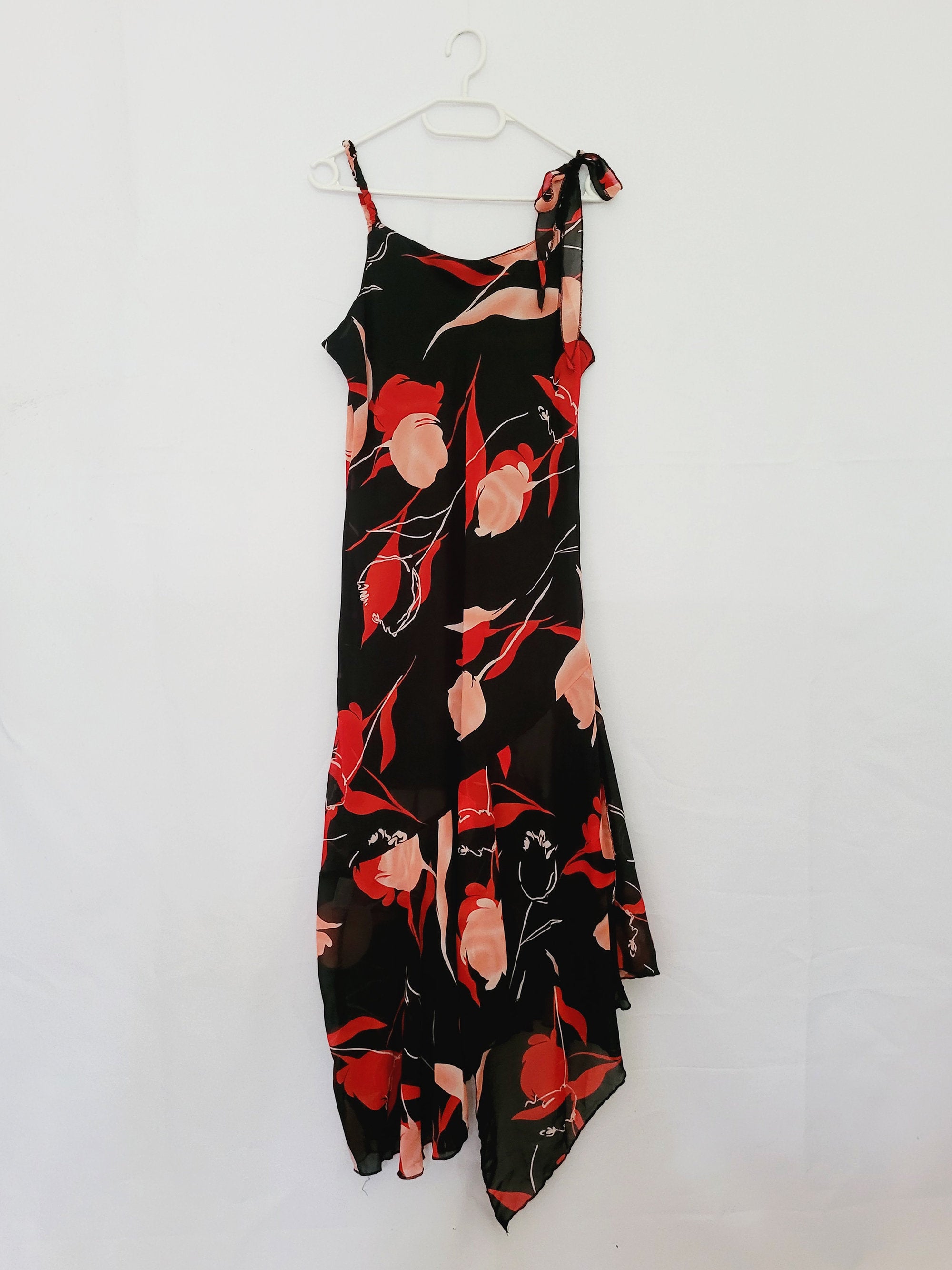 Retro 90s black red floral drape occasional midi dress