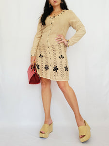 90s retro brown floral embroidery Boho chic mini dress Mellina Vintage 90s retro brown floral embroidery Boho chic mini dress Mellina Vintage