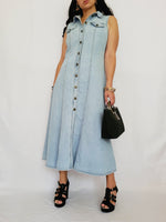 Load image into Gallery viewer, Retro 90s blue denim buttons down sleeveless maxi dress
