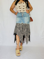 Load image into Gallery viewer, 90s combo fabric animal print blue denim festive skirt
