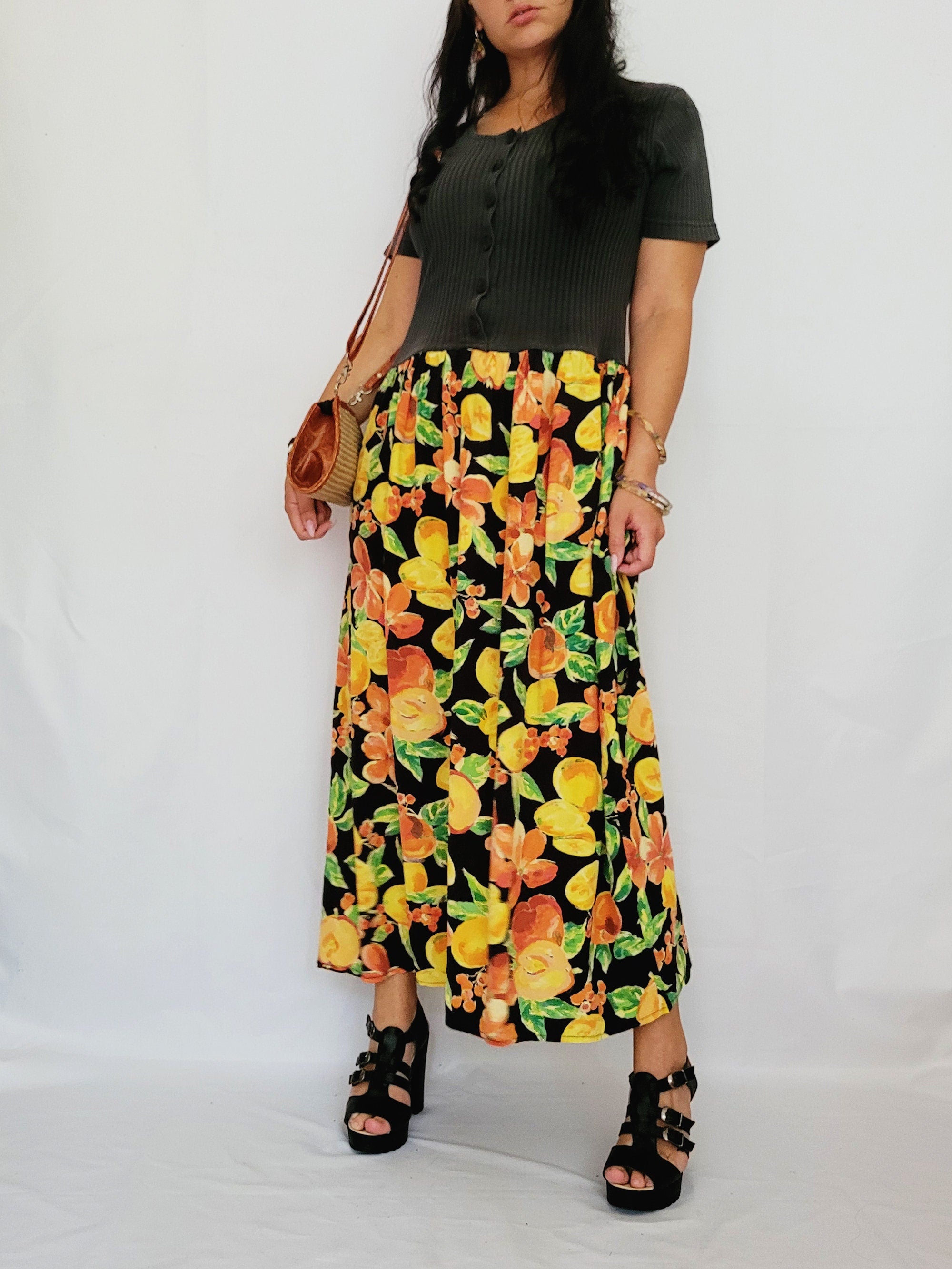 90s long combo fabric floral minimalist tee maxi dress