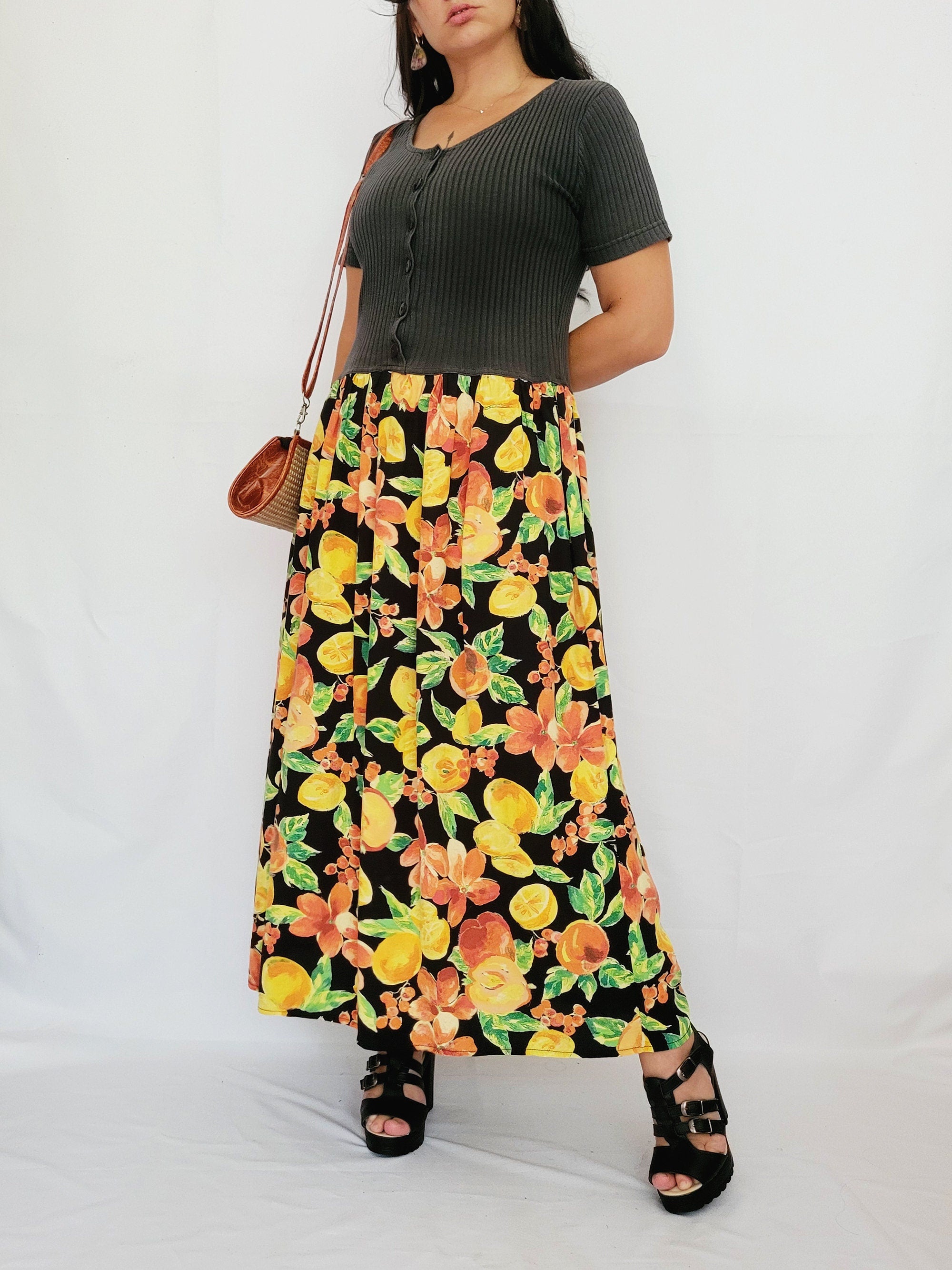 90s long combo fabric floral minimalist tee maxi dress
