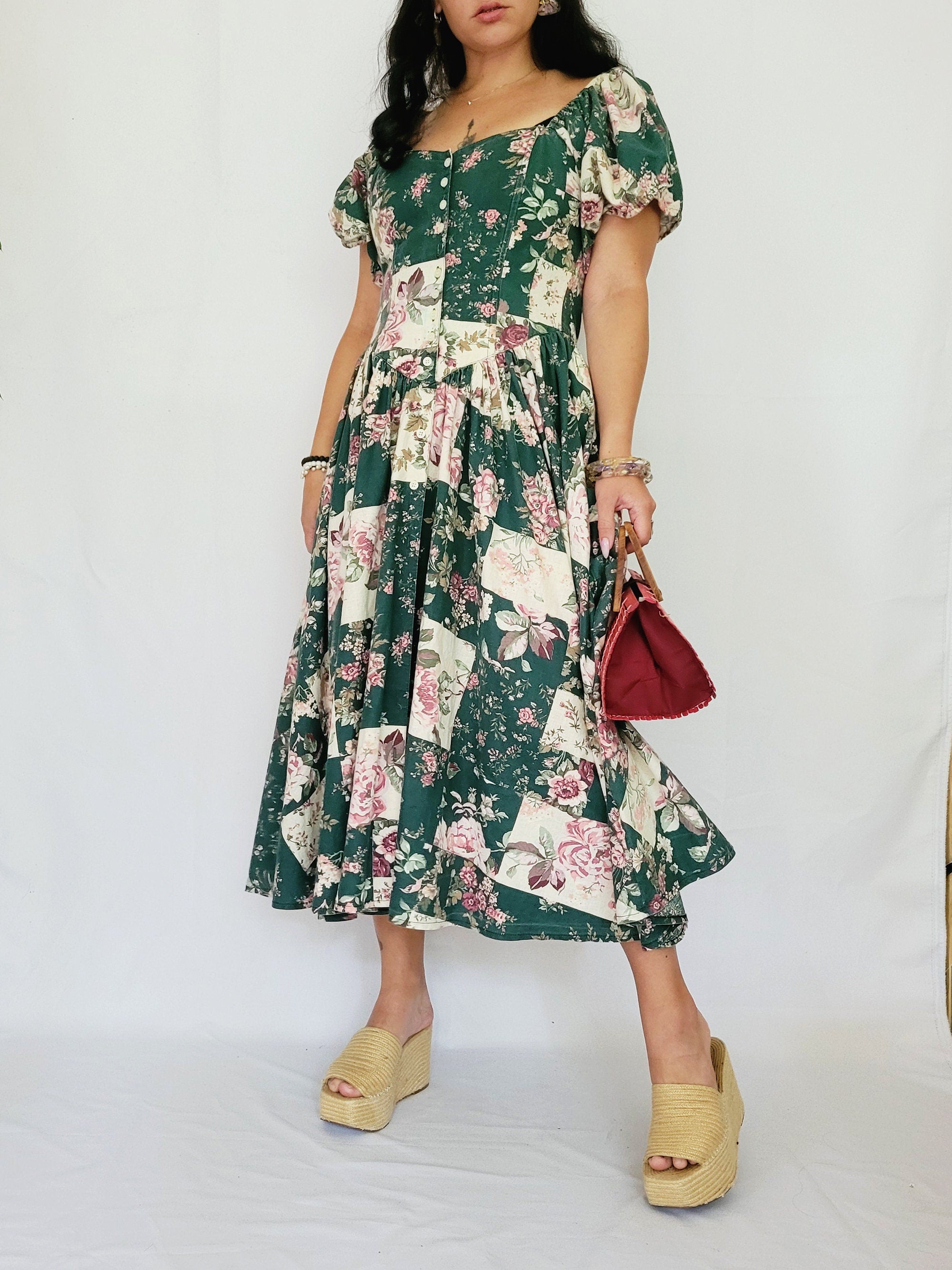 90s green floral puff sleeve Milkmaid Country maxi dress Mellina Vintage 90s green floral puff sleeve Milkmaid Country maxi dress Mellina Vintage