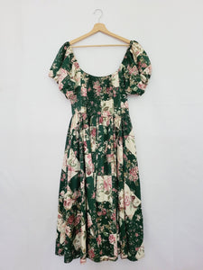 90s green floral puff sleeve Milkmaid Country maxi dress