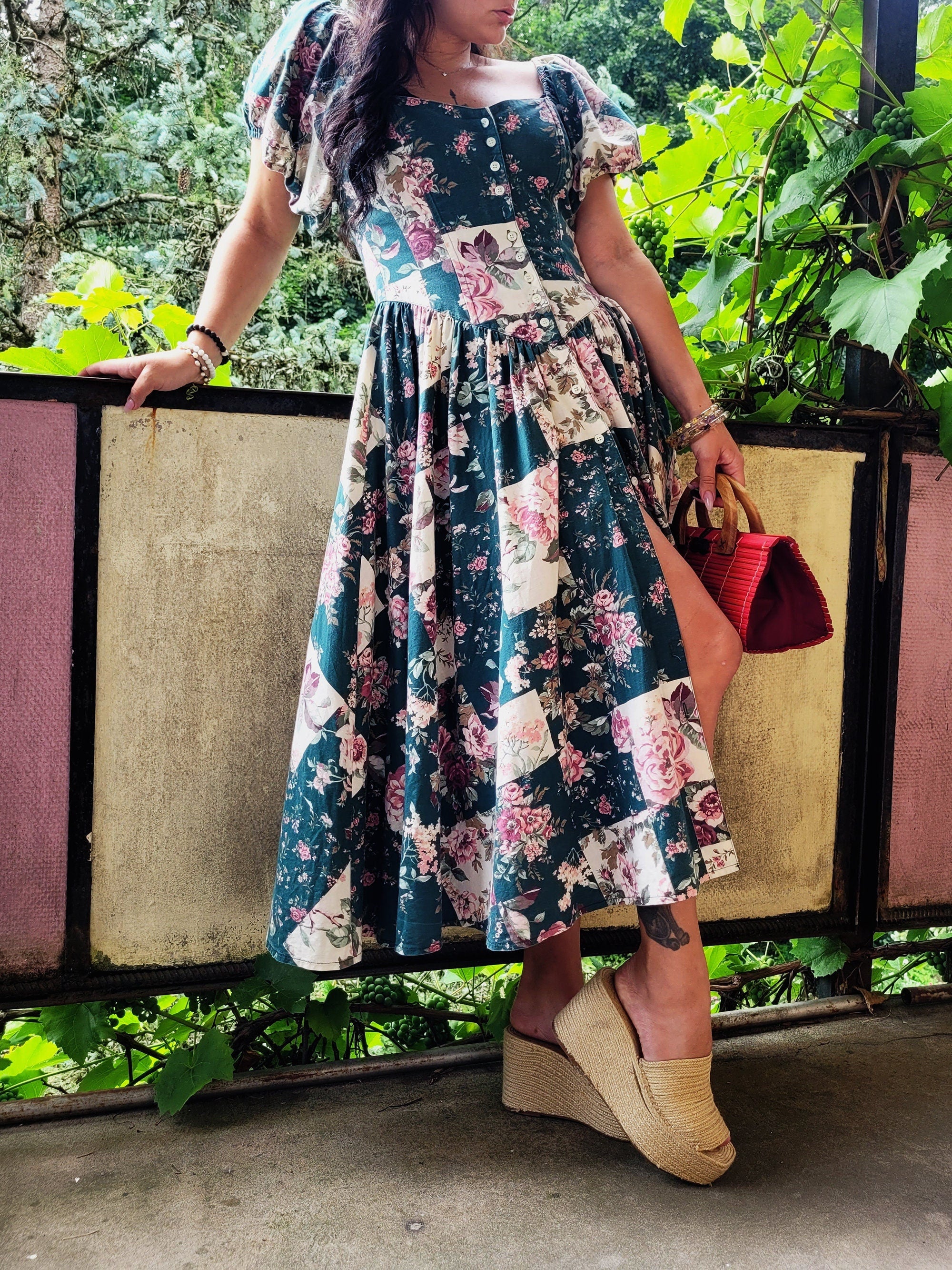 90s green floral puff sleeve Milkmaid Country maxi dress – Mellina Vintage