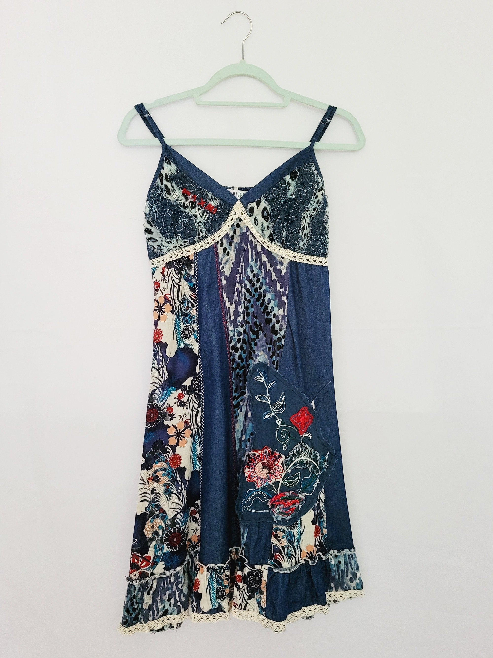 Retro Y2K blue patchwork applique mini slip summer dress