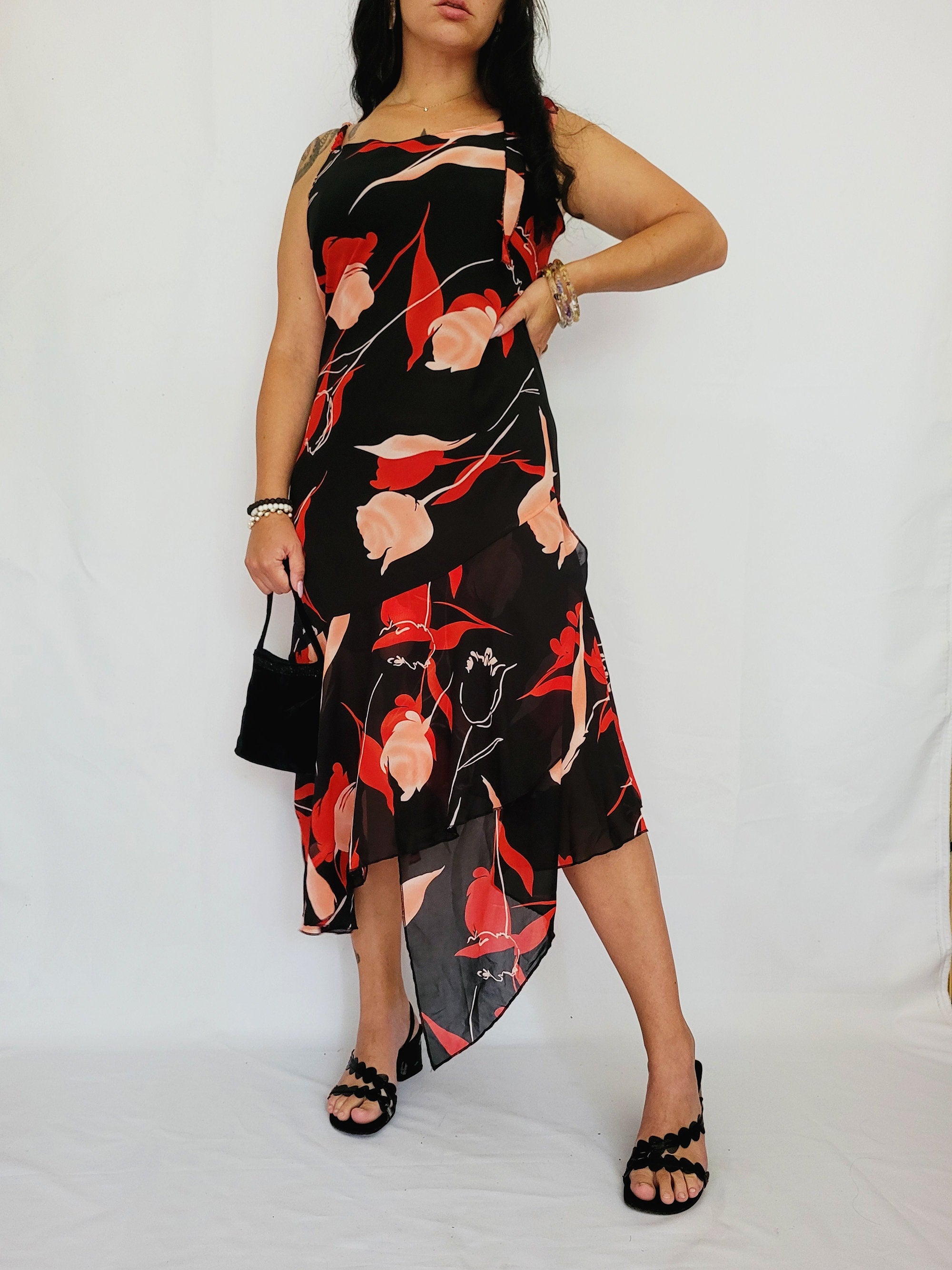 Retro 90s black red floral drape occasional midi dress Mellina Vintage Retro 90s black red floral drape occasional midi dress Mellina Vintage
