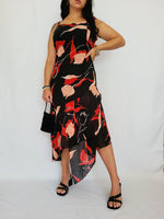 Load image into Gallery viewer, Retro 90s black red floral drape occasional midi dress
